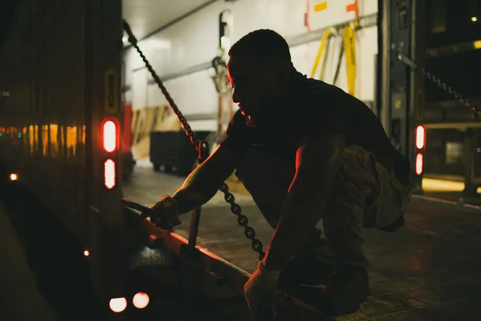 Technician servicing a hydraulic liftgate on a delivery truck at night
