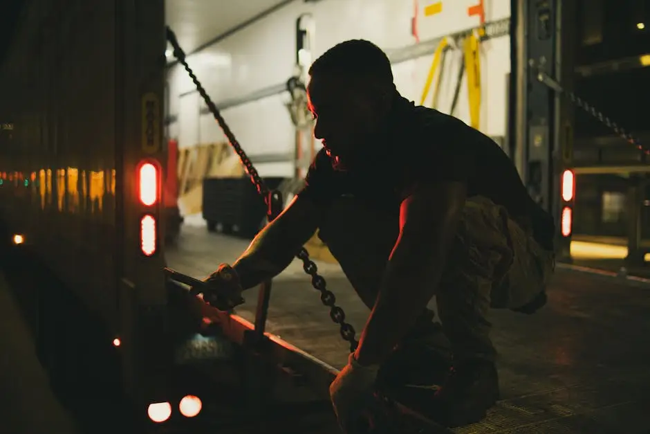 Technician servicing a hydraulic liftgate on a delivery truck at night