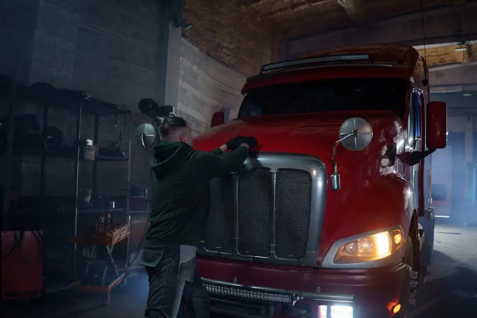Technician performing scheduled maintenance under the hood of a commercial truck