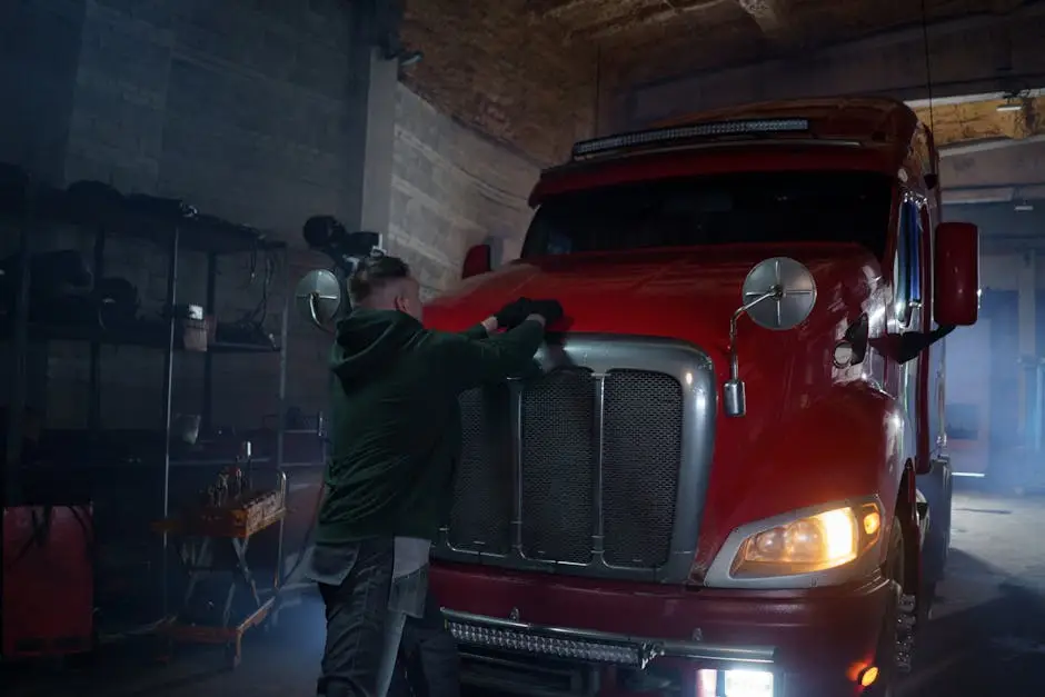 Technician performing scheduled maintenance under the hood of a commercial truck