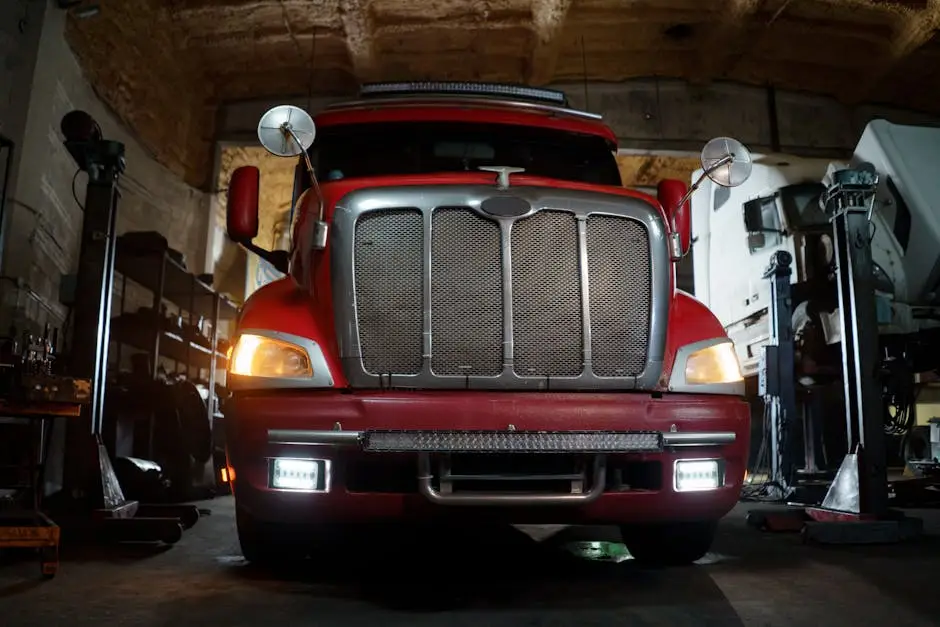 Red semi truck in a repair bay during a DOT inspection