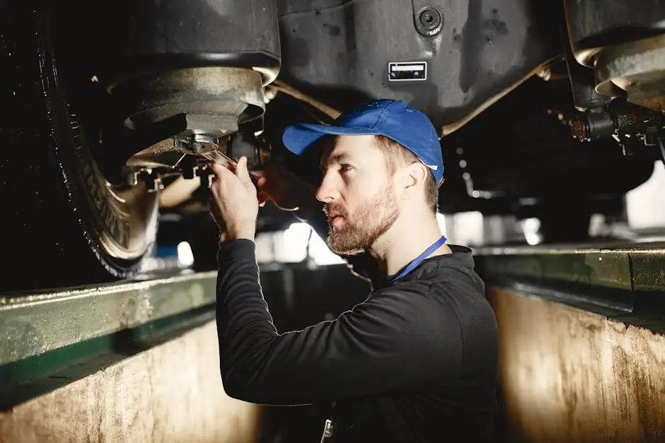Technician working underneath a commercial trailer on its brake system