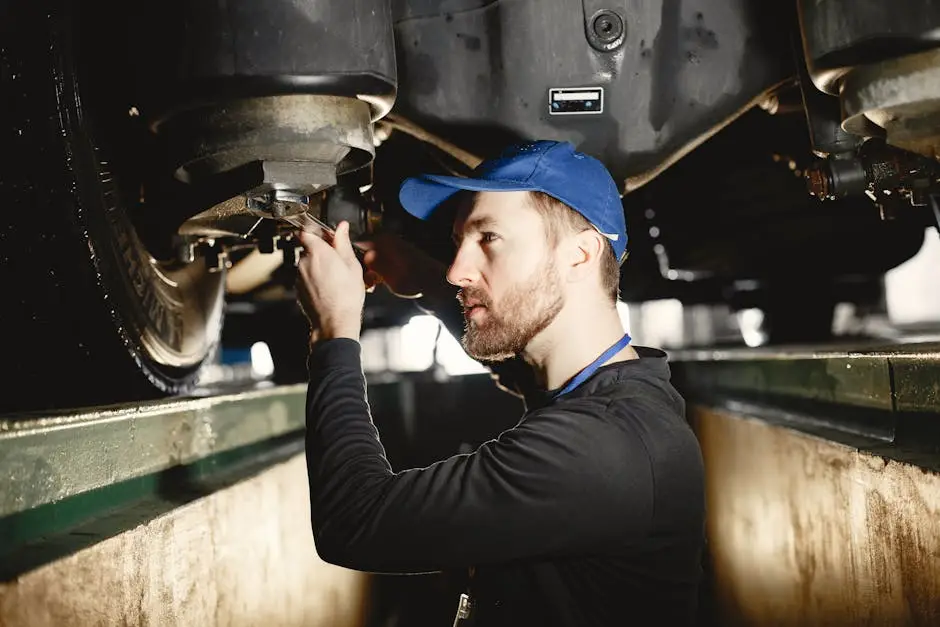 Technician working underneath a commercial trailer on its brake system