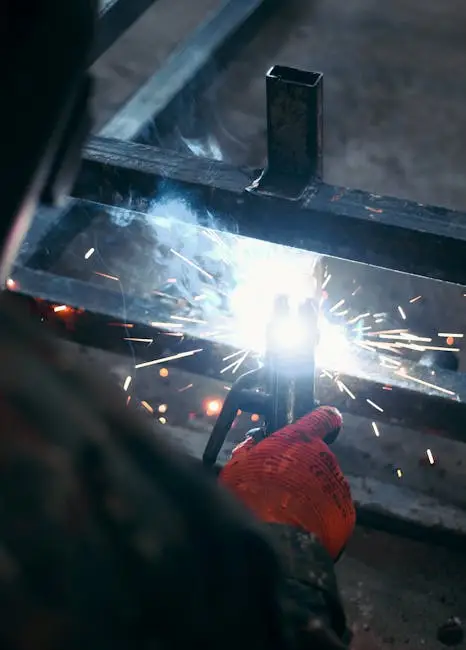 Welder at work with sparks flying in a fabrication shop